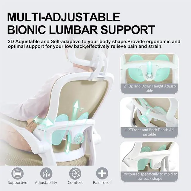 Alt view image 4 of 7 - Ergonomic Office Chair,Ultra Thick Office Desk Chair with Adjustable Lumbar Support and Headrest,Spring Cushion,Rocking Function,Flip-up arms,Mesh Computer Chair for Home Office,Khaki