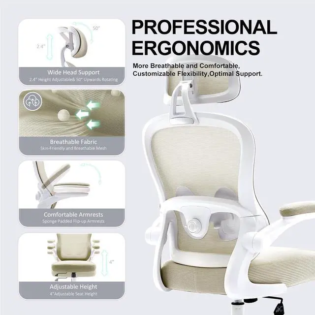 Alt view image 5 of 7 - Ergonomic Office Chair,Ultra Thick Office Desk Chair with Adjustable Lumbar Support and Headrest,Spring Cushion,Rocking Function,Flip-up arms,Mesh Computer Chair for Home Office,Khaki