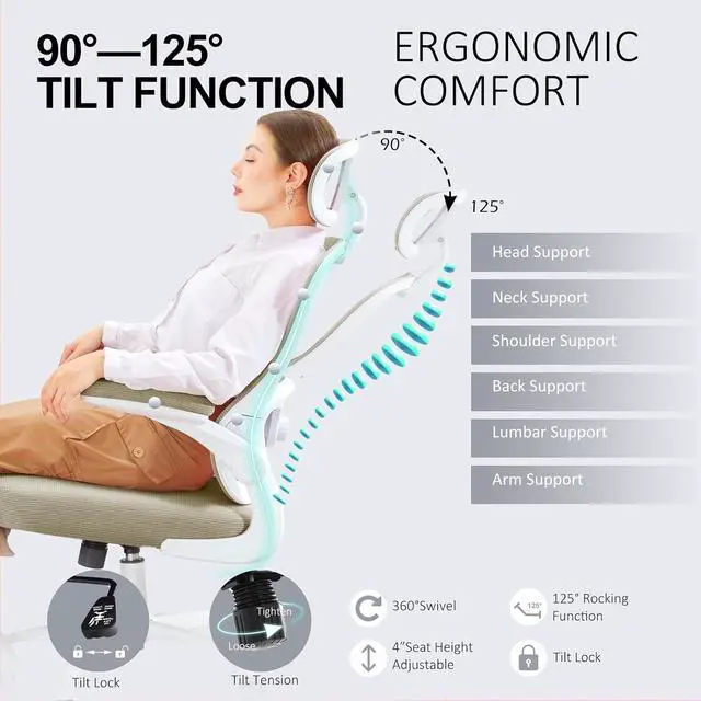 Alt view image 6 of 7 - Ergonomic Office Chair,Ultra Thick Office Desk Chair with Adjustable Lumbar Support and Headrest,Spring Cushion,Rocking Function,Flip-up arms,Mesh Computer Chair for Home Office,Khaki