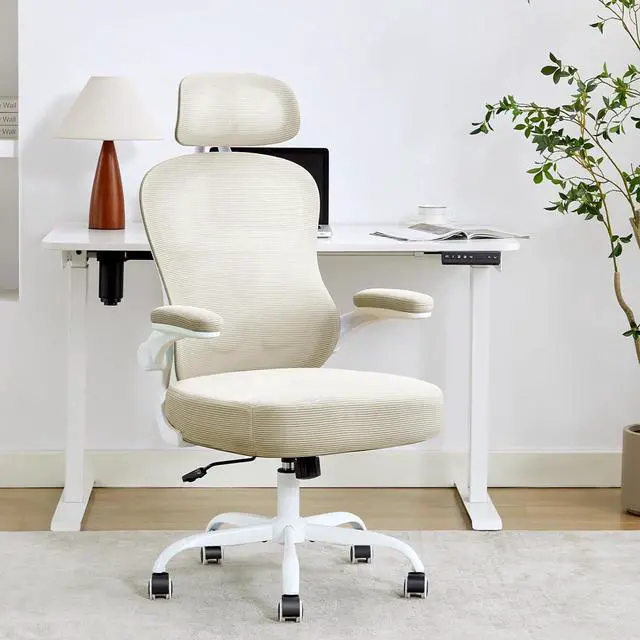 Alt view image 7 of 7 - Ergonomic Office Chair,Ultra Thick Office Desk Chair with Adjustable Lumbar Support and Headrest,Spring Cushion,Rocking Function,Flip-up arms,Mesh Computer Chair for Home Office,Khaki