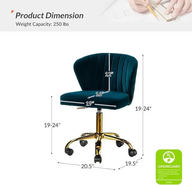 Alt view image 2 of 7 - HULALA HOME Home Office Desk Chair with Gold Wheels, Small Cute Vanity Chair with Back for Bedroom, Adjustable Rolling Task Work Seat for Women/Girls, Teal