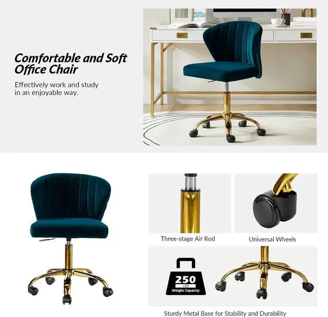 Alt view image 3 of 7 - HULALA HOME Home Office Desk Chair with Gold Wheels, Small Cute Vanity Chair with Back for Bedroom, Adjustable Rolling Task Work Seat for Women/Girls, Teal