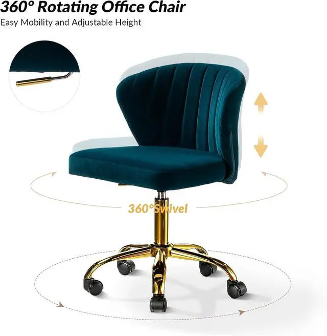 Alt view image 4 of 7 - HULALA HOME Home Office Desk Chair with Gold Wheels, Small Cute Vanity Chair with Back for Bedroom, Adjustable Rolling Task Work Seat for Women/Girls, Teal