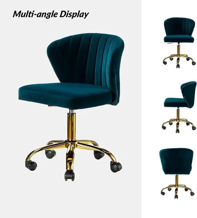 Alt view image 7 of 7 - HULALA HOME Home Office Desk Chair with Gold Wheels, Small Cute Vanity Chair with Back for Bedroom, Adjustable Rolling Task Work Seat for Women/Girls, Teal