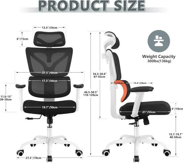 Alt view image 2 of 7 - Office Chair Ergonomic Desk Chair, High Back Gaming Chair, Big and Tall Reclining chair Comfy Home Office Desk Chair Lumbar Support Breathable Mesh Computer Chair Adjustable Armrests(W-Orange)