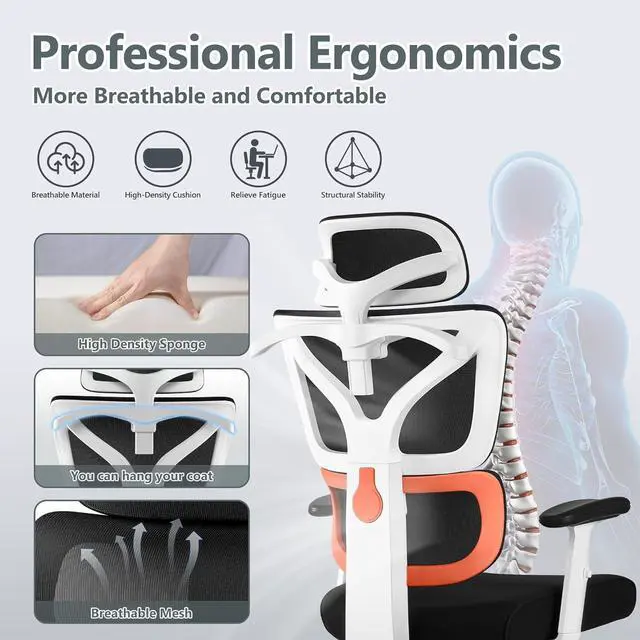 Alt view image 3 of 7 - Office Chair Ergonomic Desk Chair, High Back Gaming Chair, Big and Tall Reclining chair Comfy Home Office Desk Chair Lumbar Support Breathable Mesh Computer Chair Adjustable Armrests(W-Orange)