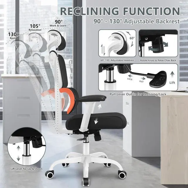 Alt view image 5 of 7 - Office Chair Ergonomic Desk Chair, High Back Gaming Chair, Big and Tall Reclining chair Comfy Home Office Desk Chair Lumbar Support Breathable Mesh Computer Chair Adjustable Armrests(W-Orange)