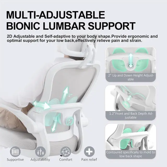 Alt view image 4 of 7 - Ergonomic Office Chair,Ultra Thick Office Desk Chair with Adjustable Lumbar Support and Headrest,Spring Cushion,Rocking Function,Flip-up arms,Mesh Computer Chair for Home Office,Grey