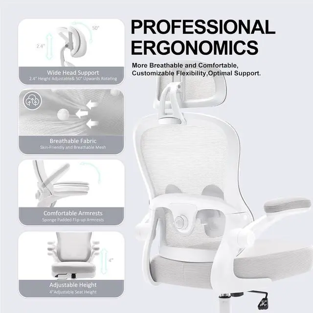 Alt view image 5 of 7 - Ergonomic Office Chair,Ultra Thick Office Desk Chair with Adjustable Lumbar Support and Headrest,Spring Cushion,Rocking Function,Flip-up arms,Mesh Computer Chair for Home Office,Grey