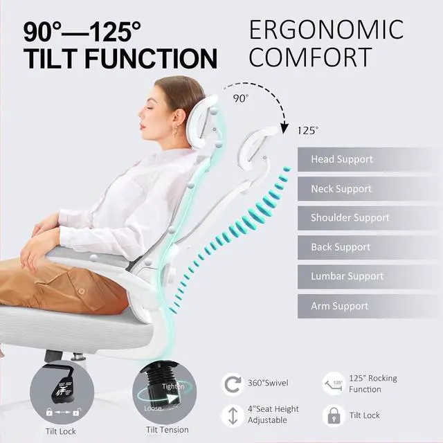 Alt view image 6 of 7 - Ergonomic Office Chair,Ultra Thick Office Desk Chair with Adjustable Lumbar Support and Headrest,Spring Cushion,Rocking Function,Flip-up arms,Mesh Computer Chair for Home Office,Grey