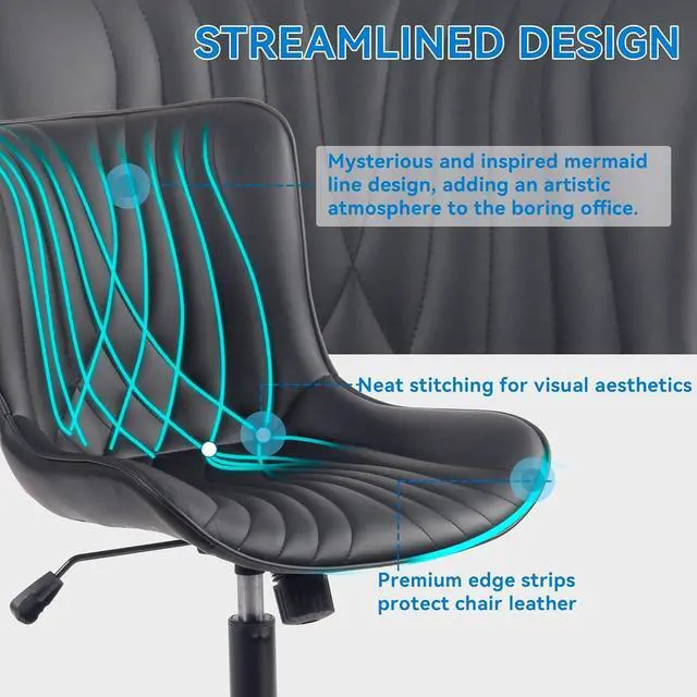 Alt view image 6 of 7 - YOUNIKE Office Chair, Armless Desk Chair with Wheels, Home Office Computer Task Chairs, Modern Faux Leather Padded Vanity Chair, Adjustable Swivel Rocking Chair with Back, Black