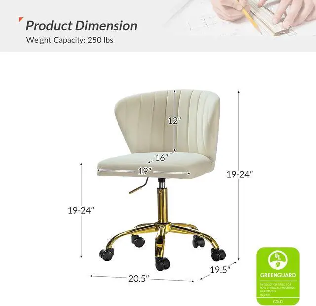 Alt view image 2 of 7 - HULALA HOME Home Office Desk Chair with Gold Wheels, Small Cute Vanity Chair with Back for Bedroom, Adjustable Rolling Task Work Seat for Women/Girls, Ivory