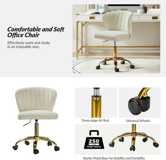 Alt view image 3 of 7 - HULALA HOME Home Office Desk Chair with Gold Wheels, Small Cute Vanity Chair with Back for Bedroom, Adjustable Rolling Task Work Seat for Women/Girls, Ivory