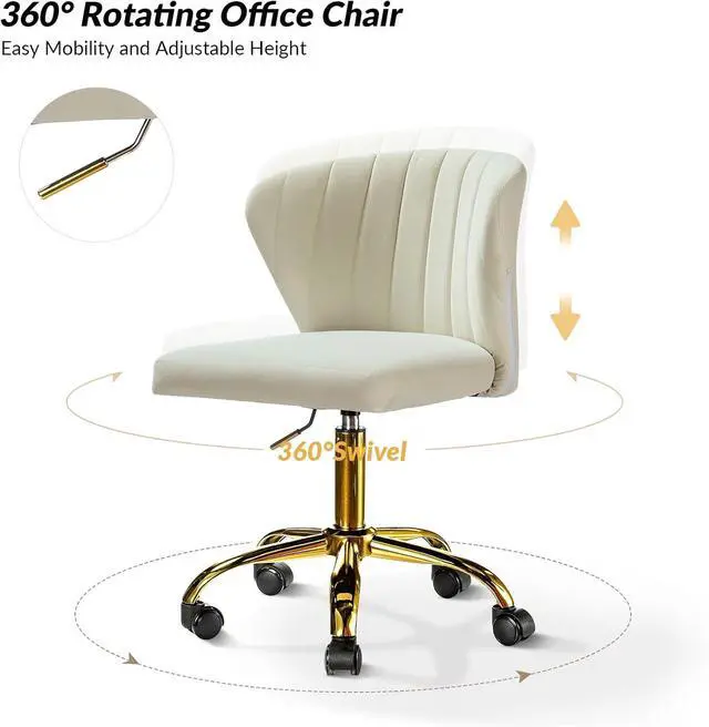 Alt view image 4 of 7 - HULALA HOME Home Office Desk Chair with Gold Wheels, Small Cute Vanity Chair with Back for Bedroom, Adjustable Rolling Task Work Seat for Women/Girls, Ivory