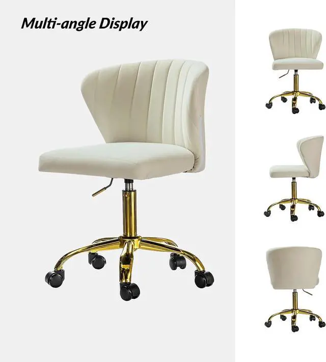 Alt view image 7 of 7 - HULALA HOME Home Office Desk Chair with Gold Wheels, Small Cute Vanity Chair with Back for Bedroom, Adjustable Rolling Task Work Seat for Women/Girls, Ivory