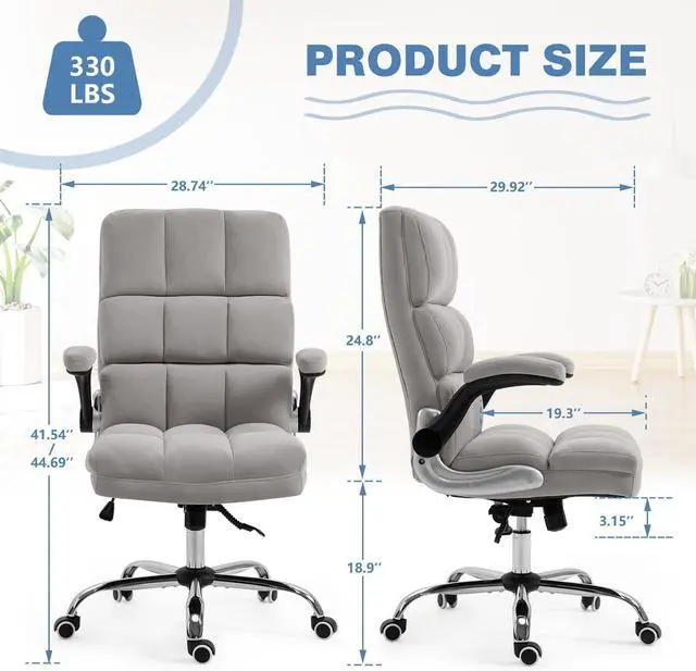 Alt view image 2 of 7 - ECOTOUGE Executive Office Chair, Velvet Ergonomic Comfy Desk Chair, High Back Computer Chair with Adjustable Tilt Angle and Flip-up Arms (Grey, Without Footrest)
