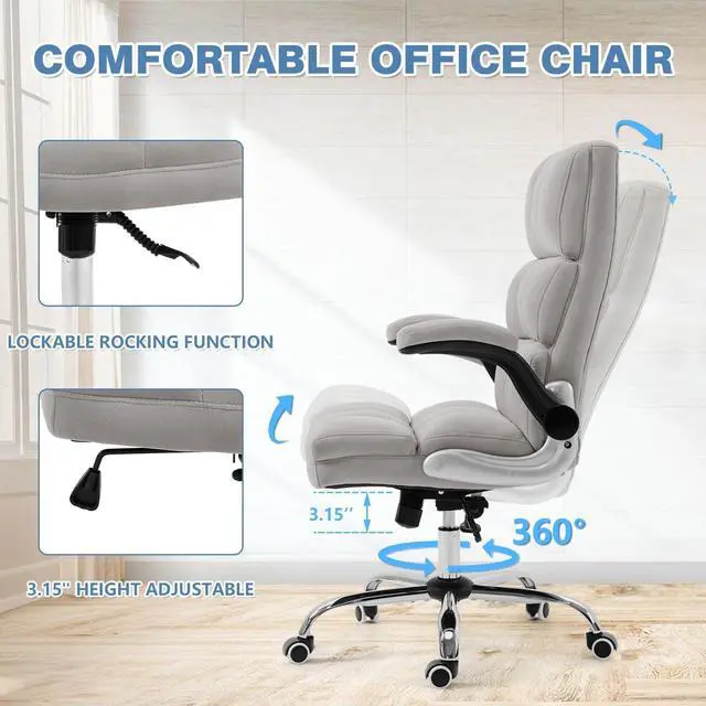 Alt view image 3 of 7 - ECOTOUGE Executive Office Chair, Velvet Ergonomic Comfy Desk Chair, High Back Computer Chair with Adjustable Tilt Angle and Flip-up Arms (Grey, Without Footrest)