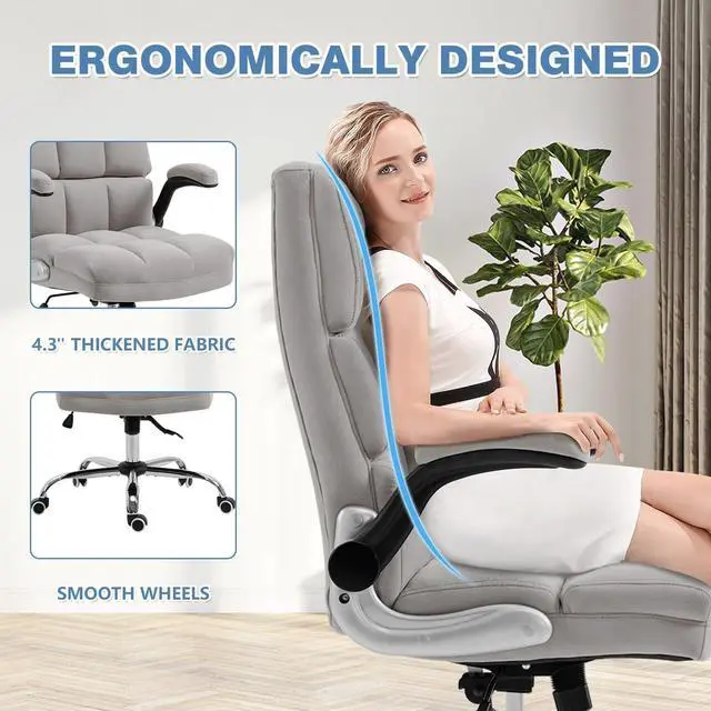 Alt view image 4 of 7 - ECOTOUGE Executive Office Chair, Velvet Ergonomic Comfy Desk Chair, High Back Computer Chair with Adjustable Tilt Angle and Flip-up Arms (Grey, Without Footrest)