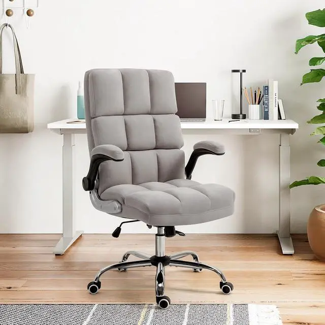 Alt view image 7 of 7 - ECOTOUGE Executive Office Chair, Velvet Ergonomic Comfy Desk Chair, High Back Computer Chair with Adjustable Tilt Angle and Flip-up Arms (Grey, Without Footrest)
