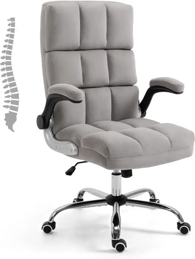 Alt view image 6 of 7 - ECOTOUGE Executive Office Chair, Velvet Ergonomic Comfy Desk Chair, High Back Computer Chair with Adjustable Tilt Angle and Flip-up Arms (Grey, Without Footrest)