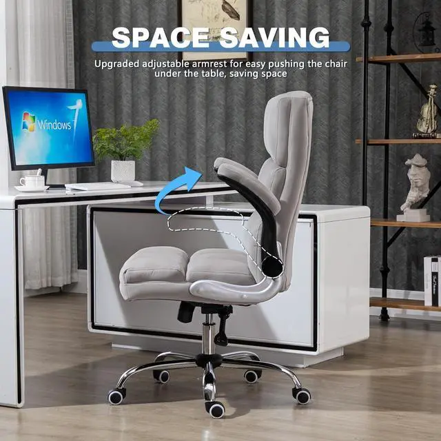 Alt view image 5 of 7 - ECOTOUGE Executive Office Chair, Velvet Ergonomic Comfy Desk Chair, High Back Computer Chair with Adjustable Tilt Angle and Flip-up Arms (Grey, Without Footrest)