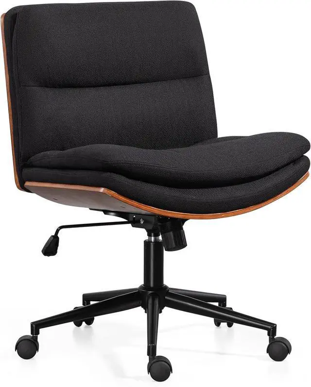 Alt view image 2 of 7 - Armless Modern Walnut Office Desk Chair with Wheels, Adjustable Wide Swivel Task Chair, Ergonomic Cross Legged Fabric Chair for Conference Room, Home Office (Black)