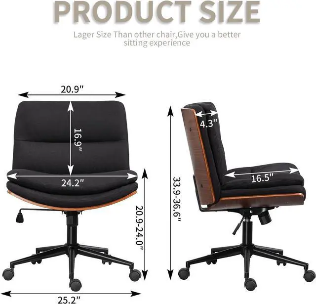 Alt view image 3 of 7 - Armless Modern Walnut Office Desk Chair with Wheels, Adjustable Wide Swivel Task Chair, Ergonomic Cross Legged Fabric Chair for Conference Room, Home Office (Black)