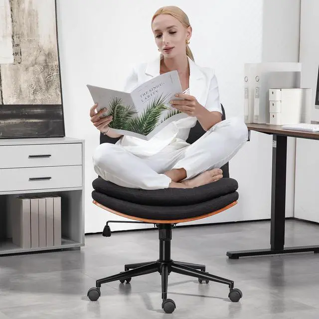 Alt view image 4 of 7 - Armless Modern Walnut Office Desk Chair with Wheels, Adjustable Wide Swivel Task Chair, Ergonomic Cross Legged Fabric Chair for Conference Room, Home Office (Black)