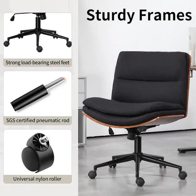 Alt view image 5 of 7 - Armless Modern Walnut Office Desk Chair with Wheels, Adjustable Wide Swivel Task Chair, Ergonomic Cross Legged Fabric Chair for Conference Room, Home Office (Black)