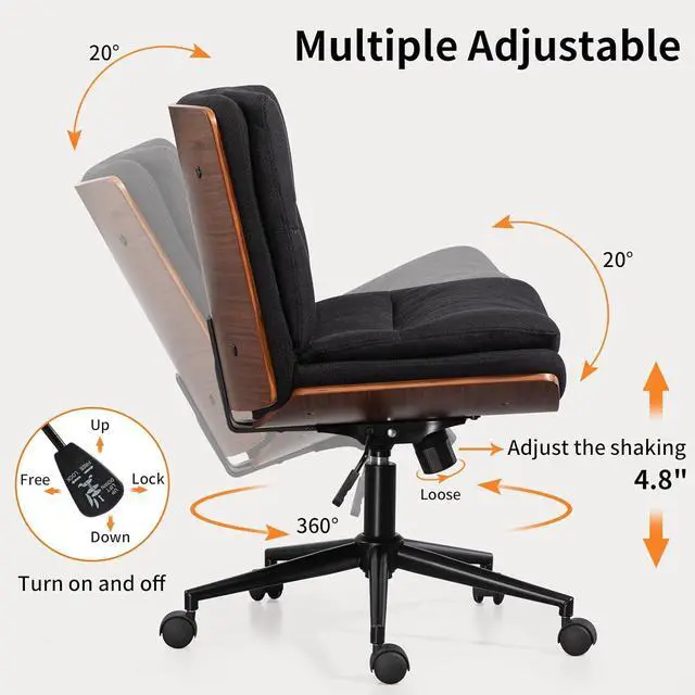 Alt view image 6 of 7 - Armless Modern Walnut Office Desk Chair with Wheels, Adjustable Wide Swivel Task Chair, Ergonomic Cross Legged Fabric Chair for Conference Room, Home Office (Black)