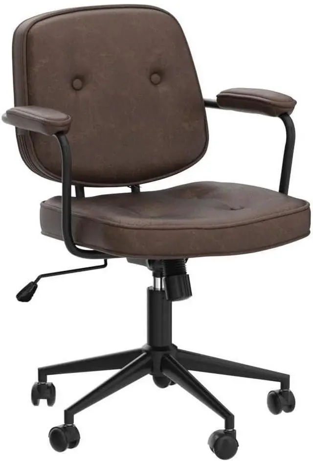 Alt view image 5 of 7 - LukeAlon Comfy PU Leather Office Chair, Brown 360° Swivel Desk Chair with Armrest & Thickened Seat, Tiltable Task Chair with Buttons & Wheels for Home Computer