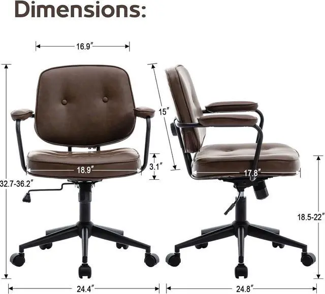 Alt view image 2 of 7 - LukeAlon Comfy PU Leather Office Chair, Brown 360° Swivel Desk Chair with Armrest & Thickened Seat, Tiltable Task Chair with Buttons & Wheels for Home Computer