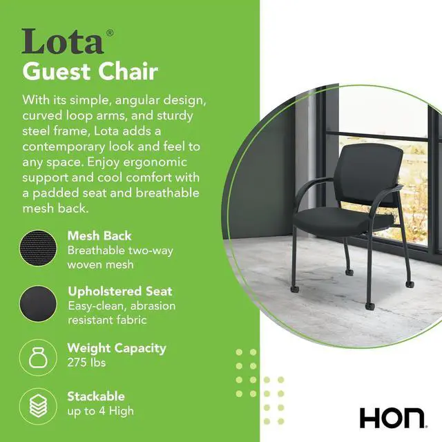 Alt view image 4 of 7 - HON Lota Guest Chair, Black Scatter Side Chairs with Arms and Casters, Mesh Back, Fabric Seat, for Waiting Room, Lobby, Guests, Offices, Black
