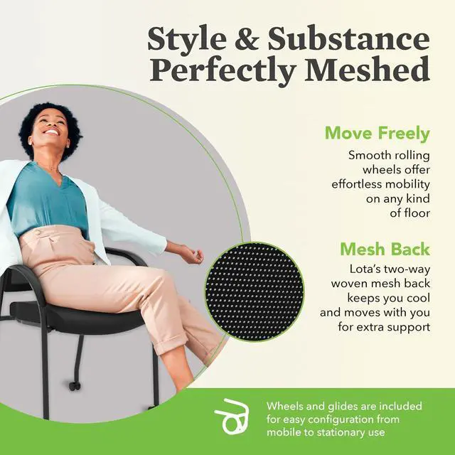 Alt view image 7 of 7 - HON Lota Guest Chair, Black Scatter Side Chairs with Arms and Casters, Mesh Back, Fabric Seat, for Waiting Room, Lobby, Guests, Offices, Black