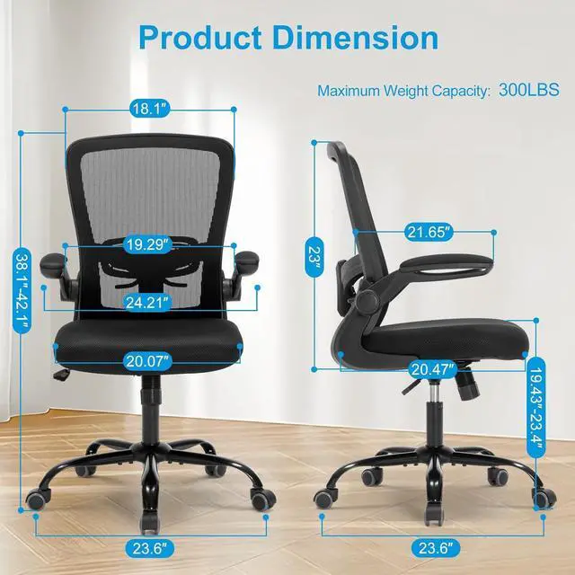 Alt view image 2 of 7 - Office Computer Desk ChairErgonomic Executive Office Chair with Mesh, Adjustable Lumbar Support, Swivel Rolling for Home, Bedroom, Study, Student, Adults, Black