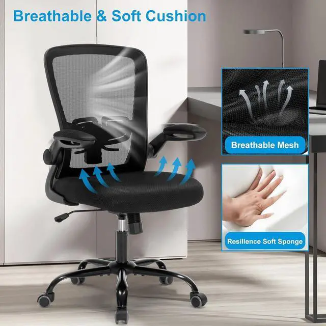 Alt view image 5 of 7 - Office Computer Desk ChairErgonomic Executive Office Chair with Mesh, Adjustable Lumbar Support, Swivel Rolling for Home, Bedroom, Study, Student, Adults, Black