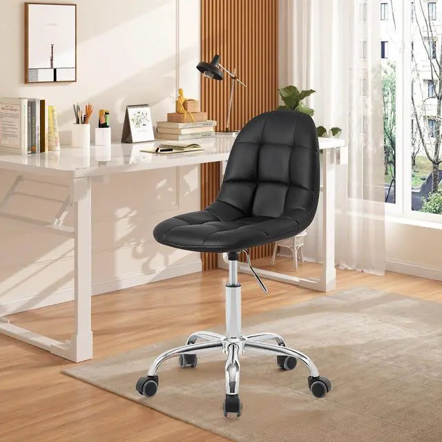 Main image of VECELO Armless Home Office Desk Chair, Height Adjustable, PU Leather 360 Degree Swivel with Wheels, Stylish Casual Vanity Seat for Study, Work, Makeup, Leisure, Weight up to 330 Lbs, Black