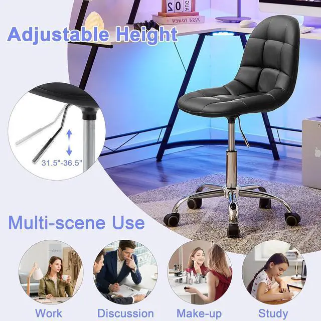 Alt view image 3 of 7 - VECELO Armless Home Office Desk Chair, Height Adjustable, PU Leather 360 Degree Swivel with Wheels, Stylish Casual Vanity Seat for Study, Work, Makeup, Leisure, Weight up to 330 Lbs, Black