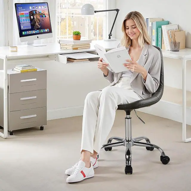 Alt view image 7 of 7 - VECELO Armless Home Office Desk Chair, Height Adjustable, PU Leather 360 Degree Swivel with Wheels, Stylish Casual Vanity Seat for Study, Work, Makeup, Leisure, Weight up to 330 Lbs, Black