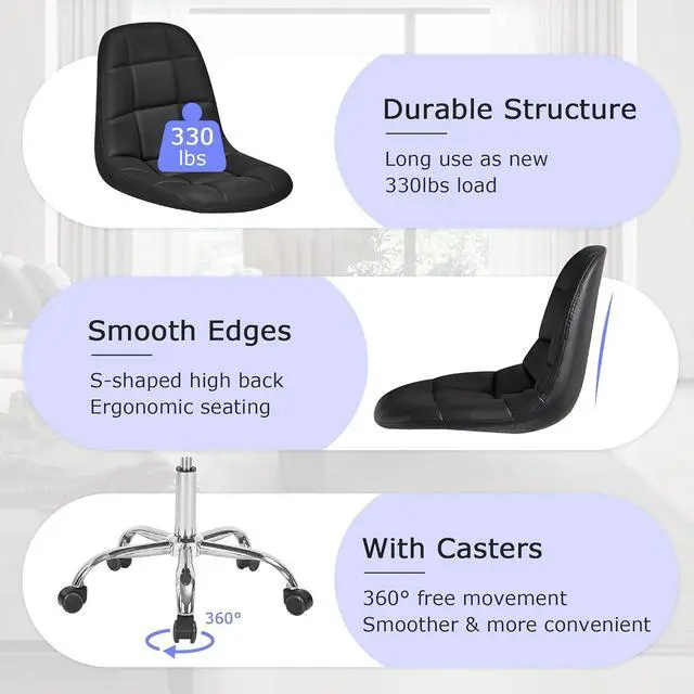 Alt view image 4 of 7 - VECELO Armless Home Office Desk Chair, Height Adjustable, PU Leather 360 Degree Swivel with Wheels, Stylish Casual Vanity Seat for Study, Work, Makeup, Leisure, Weight up to 330 Lbs, Black