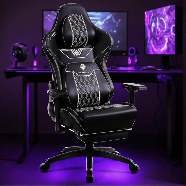 Alt view image 2 of 7 - Dowinx Big and Tall Gaming Chair with Footrest, High Back Ergonomic Office Chair with Comfortable Headrest and Lumbar Support, 4D Armrests Computer Chair for Adults, Pu Leather, Black