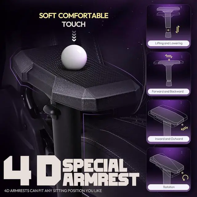 Alt view image 5 of 7 - Dowinx Big and Tall Gaming Chair with Footrest, High Back Ergonomic Office Chair with Comfortable Headrest and Lumbar Support, 4D Armrests Computer Chair for Adults, Pu Leather, Black