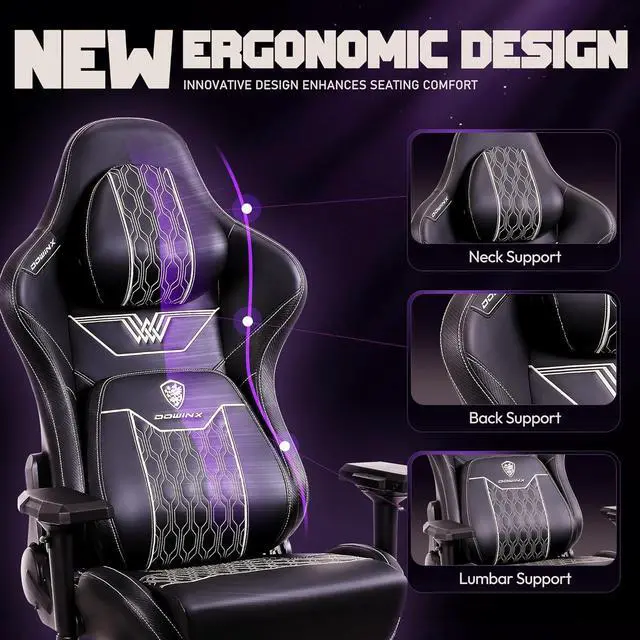 Alt view image 7 of 7 - Dowinx Big and Tall Gaming Chair with Footrest, High Back Ergonomic Office Chair with Comfortable Headrest and Lumbar Support, 4D Armrests Computer Chair for Adults, Pu Leather, Black