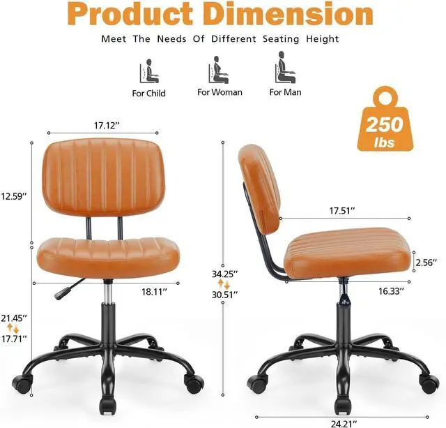Alt view image 2 of 7 - Sweetcrispy Small Office Desk Chair with Wheels Armless Comfy Computer Chair with Lumbar Support, PU Leather Low Back Adjustable Height 360° Rolling Swivel Task Chair Without Arm for Home, Bedroom