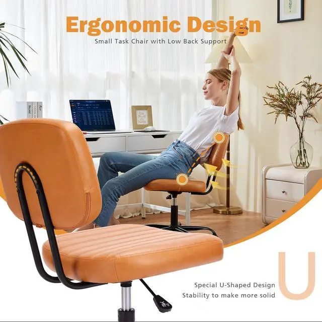 Alt view image 3 of 7 - Sweetcrispy Small Office Desk Chair with Wheels Armless Comfy Computer Chair with Lumbar Support, PU Leather Low Back Adjustable Height 360° Rolling Swivel Task Chair Without Arm for Home, Bedroom