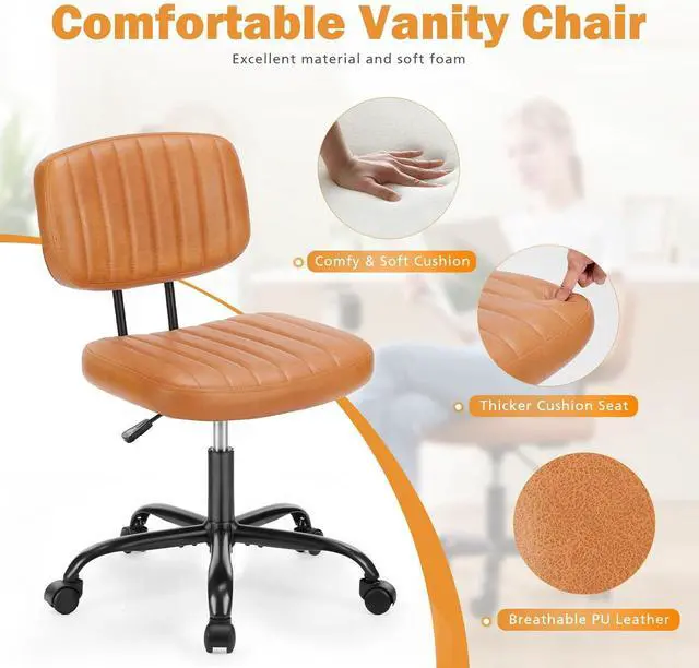 Alt view image 4 of 7 - Sweetcrispy Small Office Desk Chair with Wheels Armless Comfy Computer Chair with Lumbar Support, PU Leather Low Back Adjustable Height 360° Rolling Swivel Task Chair Without Arm for Home, Bedroom