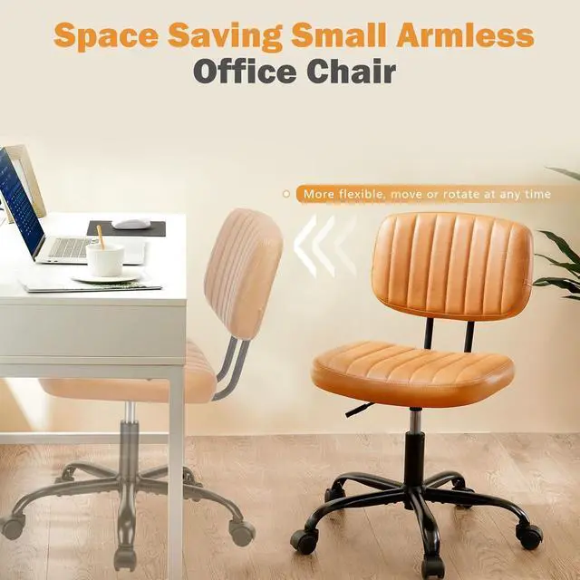Alt view image 5 of 7 - Sweetcrispy Small Office Desk Chair with Wheels Armless Comfy Computer Chair with Lumbar Support, PU Leather Low Back Adjustable Height 360° Rolling Swivel Task Chair Without Arm for Home, Bedroom