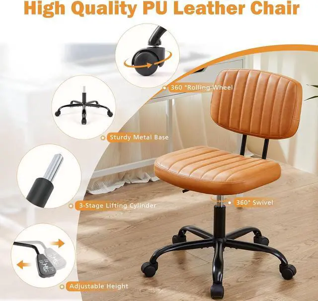 Alt view image 6 of 7 - Sweetcrispy Small Office Desk Chair with Wheels Armless Comfy Computer Chair with Lumbar Support, PU Leather Low Back Adjustable Height 360° Rolling Swivel Task Chair Without Arm for Home, Bedroom