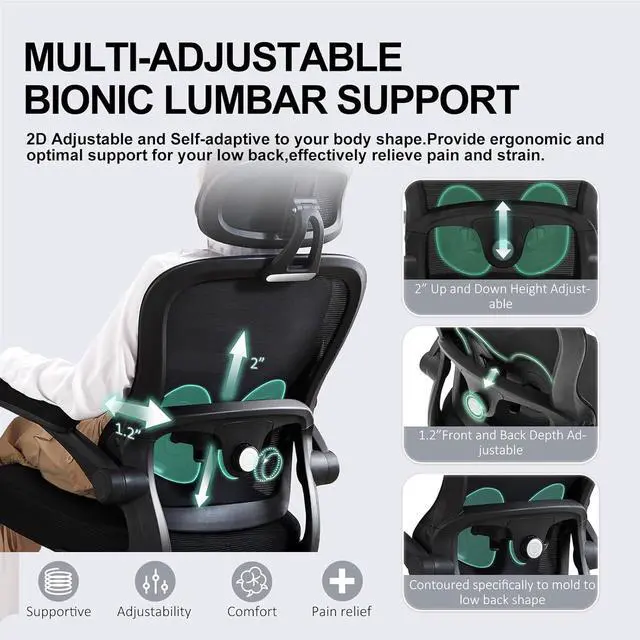 Alt view image 4 of 7 - Ergonomic Office Chair,Ultra Thick Office Desk Chair with Adjustable Lumbar Support and Headrest,Spring Cushion,Rocking Function,Flip-up arms,Mesh Computer Chair for Home Office,Black