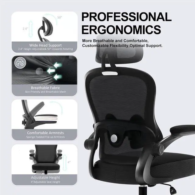 Alt view image 5 of 7 - Ergonomic Office Chair,Ultra Thick Office Desk Chair with Adjustable Lumbar Support and Headrest,Spring Cushion,Rocking Function,Flip-up arms,Mesh Computer Chair for Home Office,Black